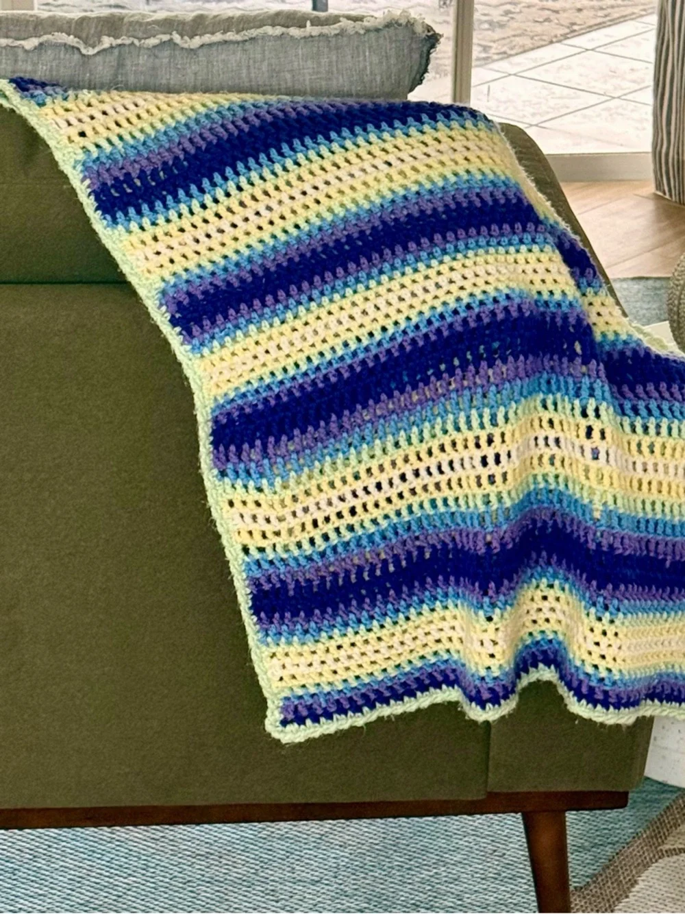 Handmade Pastel and Purple Stripe Pattern Crochet Baby Blanket Afghan Throw